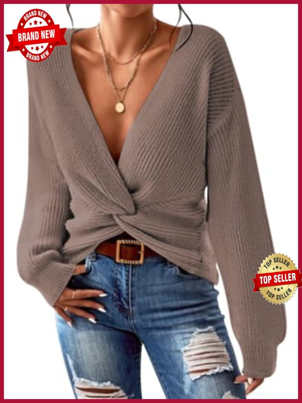 Women's Cropped Sweater Deep V Neck Twist Front Pullover Knit Top
